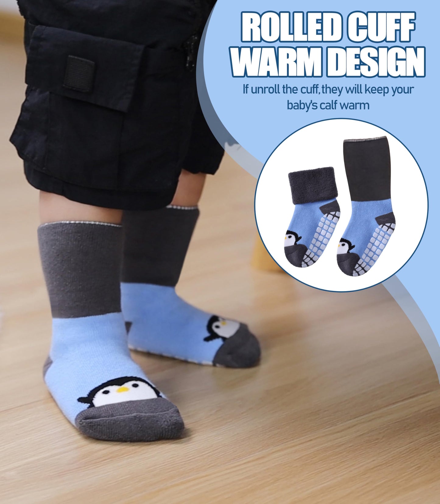 NOCIN COLOR Baby Grips Toddler Thick Cotton Thermal Socks - Non Slip Warm Cute Animal Kits (6 Pairs, 1-3 Years)