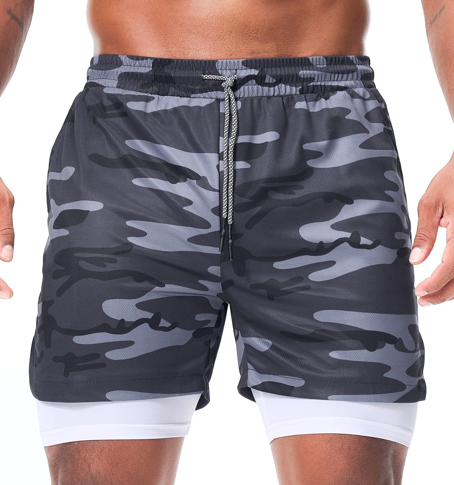 Surenow Men's Running Shorts Quick Dry Workout Gym Shorts Athletic 2-in-1 Stealth Shorts Outdoor Short for Men with Pockets Camouflage Grey