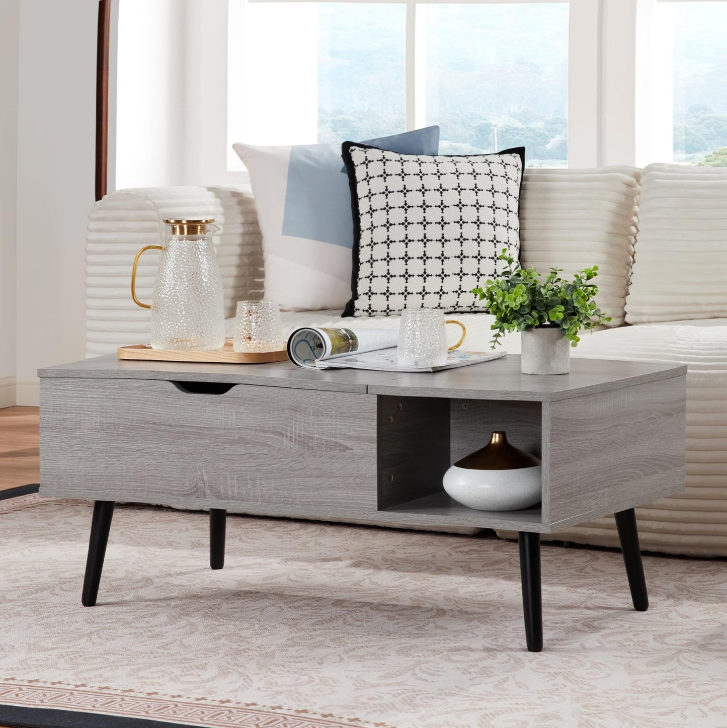 Furrnook 39" Lift Top Coffee Table with Hidden Compartment & Storage Shelf, Multifunctional Desk for Living Room, Home Office, Ergonomic Lift, Ample Storage for Gadgets & Essentials (Gray)