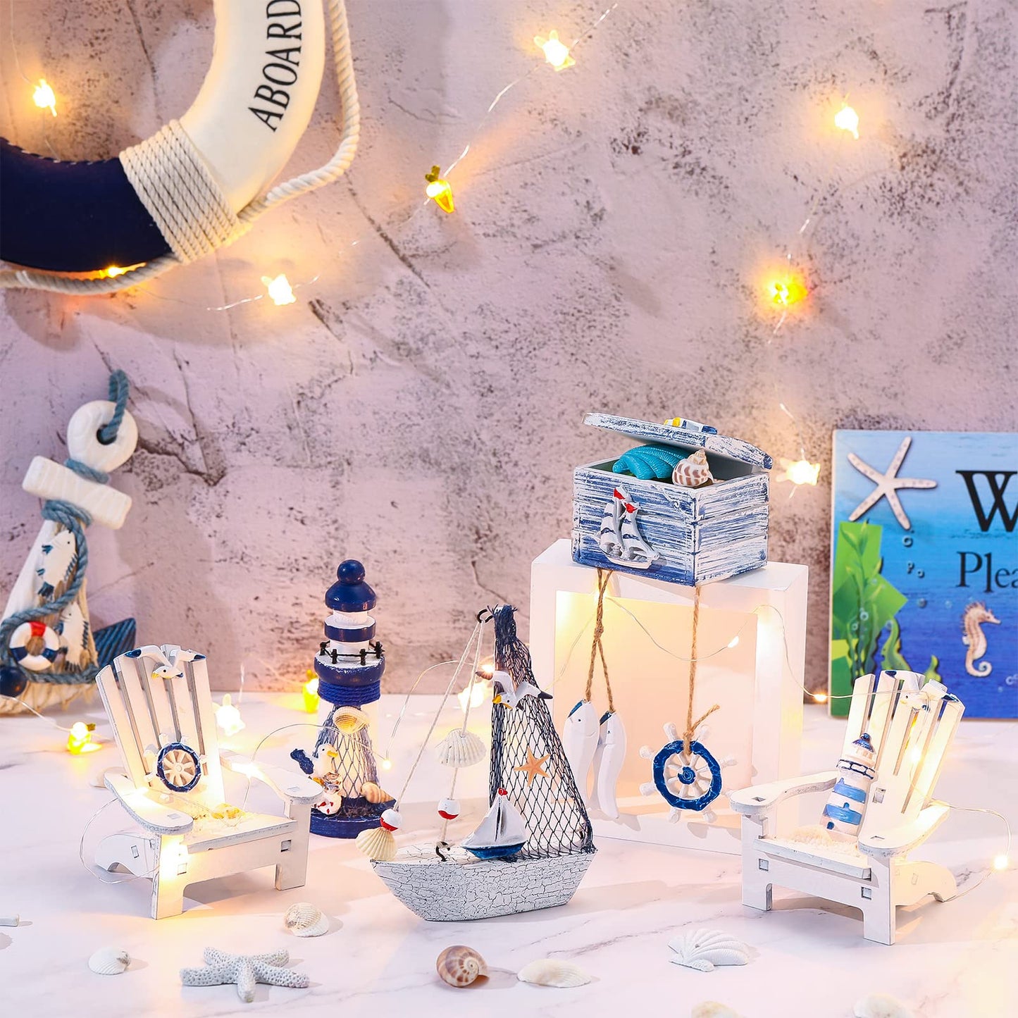 7 Pieces Wooden Box Wooden Lighthouse Mini Sailboat Anchor Fish Hanging Starfish Model Spring Summer Easter Tree Ornament Decoration Aquarium Decor Landscape Tank Ornament Office Mini Garden Landscape