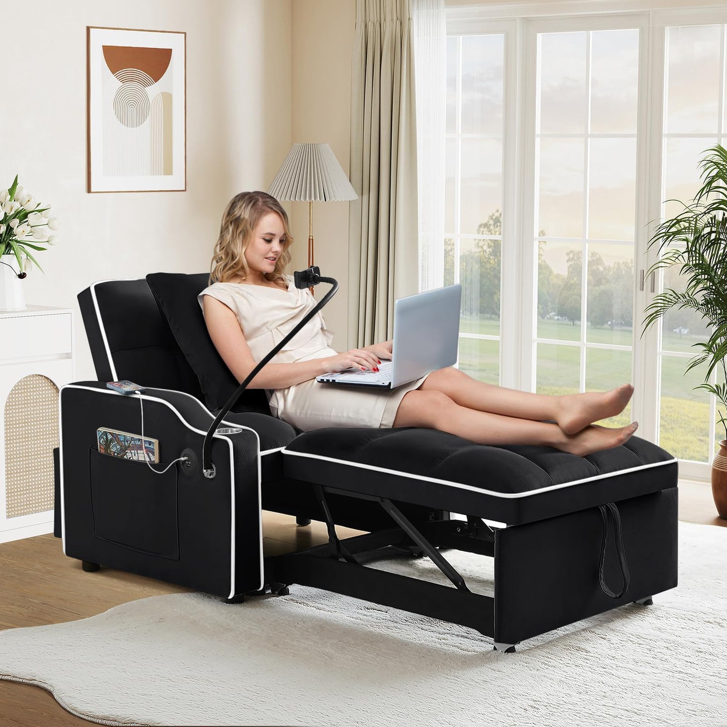 Convertible Sleeper Chair Sofa Bed,3 in 1 Velvet Tufted Pull Out Couch with Swivel Phone Holder & USB Ports,Futon Small Couch Bed w Cup Holders & Adjustable Backrest for Living Room,Small Place(Black)