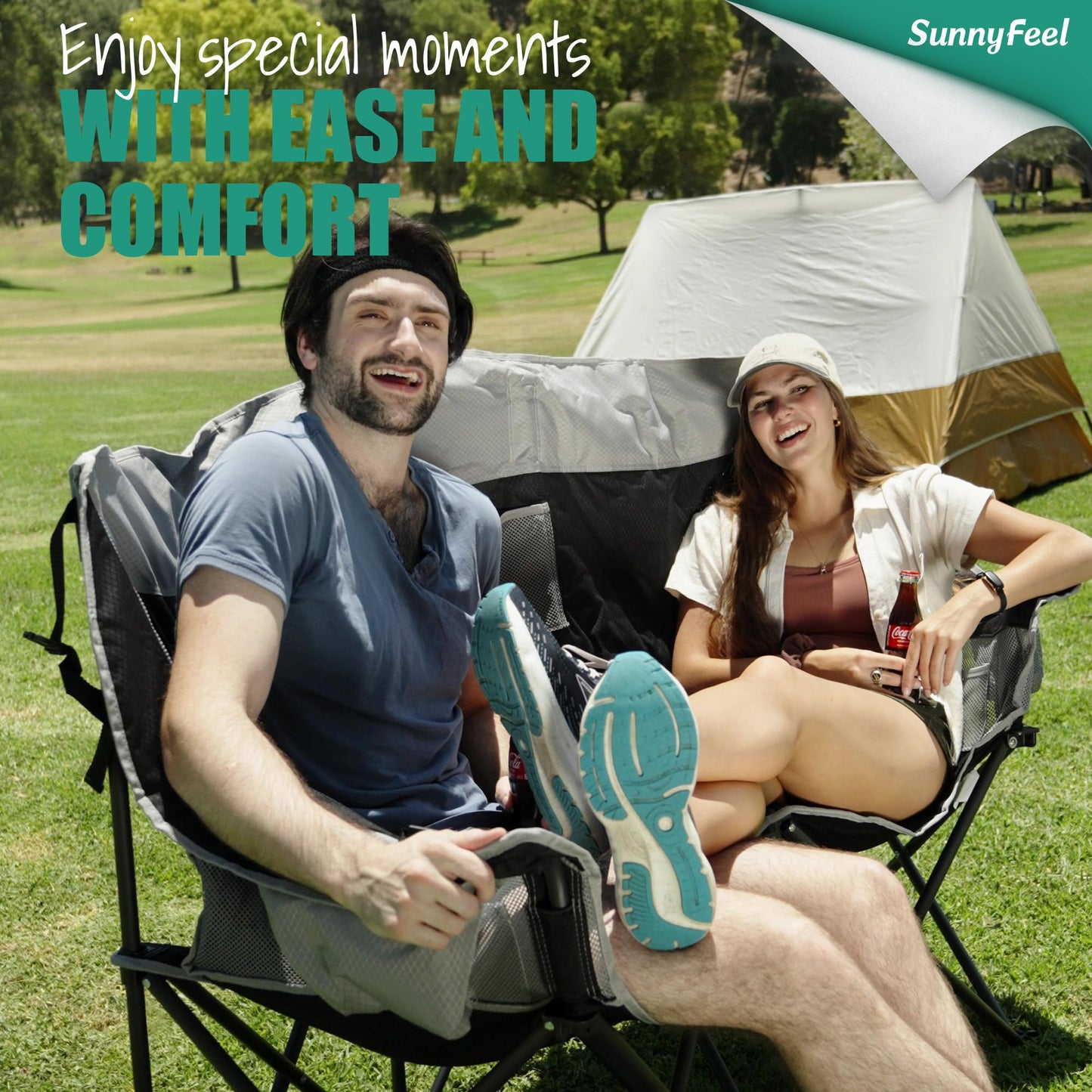 SUNNYFEEL Double Camping Chair, Portable Folding Loveseat with Cup Holders, Heavy Duty Steel Frame, Gray