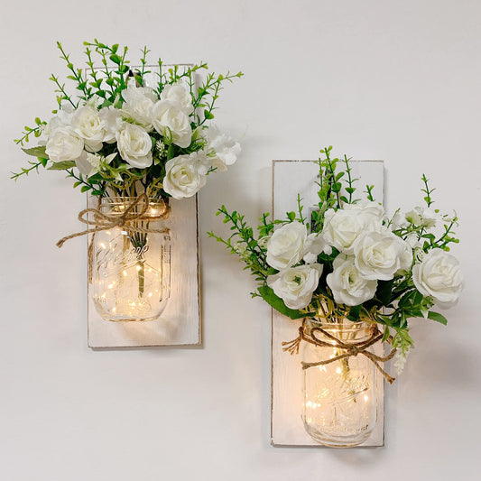YI LIGHTING Set of 2 Rustic Wall Sconces - Mason Jars Sconce, Rustic Home Decor, Wrought Iron Hooks with LED Fairy Lights for Home Decoration Gift (White)