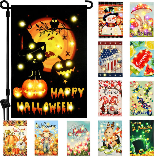 Solar Seasonal Garden Flags Set of 12, Lighted 12×18 Double-Sided Yard Flags for Outside Halloween Christmas Fall Thanksgiving Day Decorations Welcome Flag Outdoor Holiday Decor