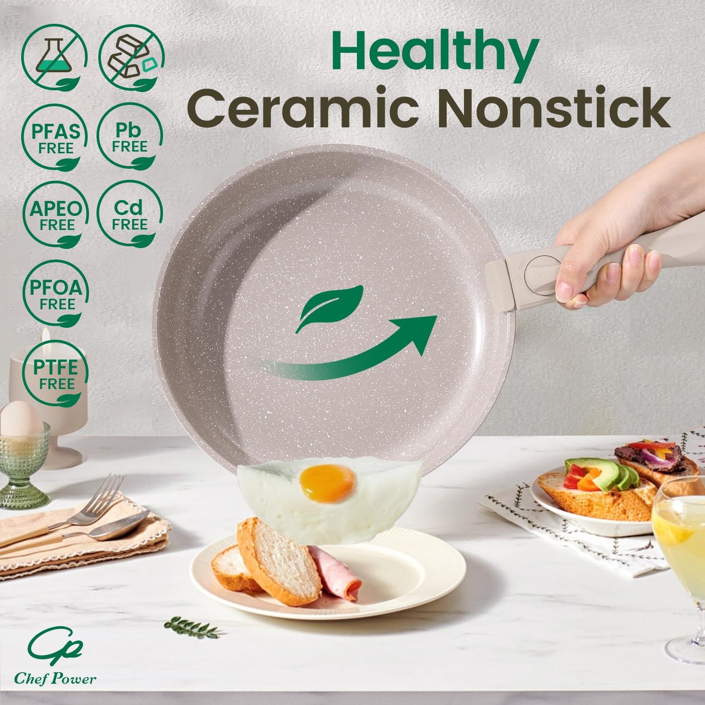 Chef Power Ceramic Nonstick Pots and Pans Set 19 Piece with Detachable Handle, Induction Dishwasher Oven Safe Cookware Set, RV Kitchen Set Removable Handle, Mocca Taupe