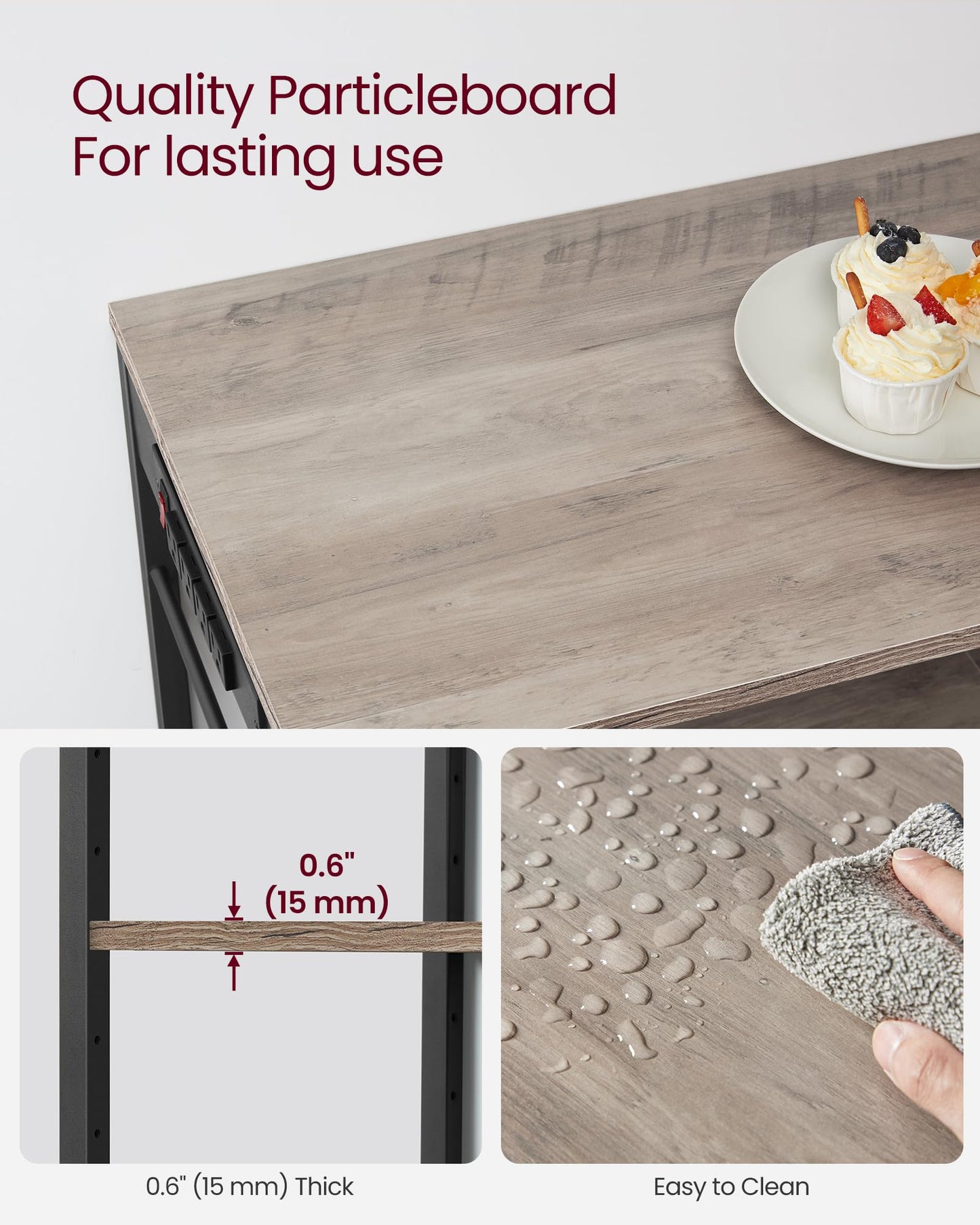 VASAGLE Baker's Rack, Coffee Bar Stand with Charging Station, Storage Shelves, Pull-Out Wire Basket, Table for Microwave, Kitchen, Greige UKKS036K02, 15.7 x 35.4 x 35.6 Inches