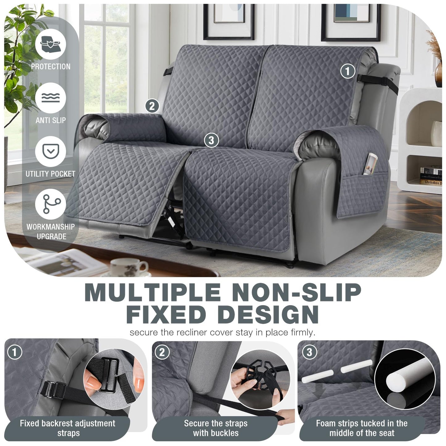 TAOCOCO Loveseat Recliner Cover Non-Slip Sofa Slipcover, Pet Cover for Loveseat Recliner with Elastic Straps, Washable Reclining Loveseat Covers Recliner Furniture Protector (2 Seater, Dark Grey)