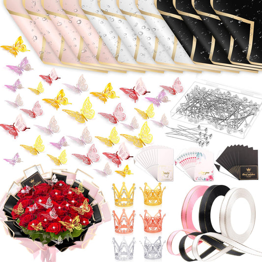 366 pcs Flower Bouquet Wrapping Paper,Waterproof Flower Floral Wrapping Paper Bouquet Sheets With Ribbons Pins 3D Butterflies and Crowns for Florist Wrap
