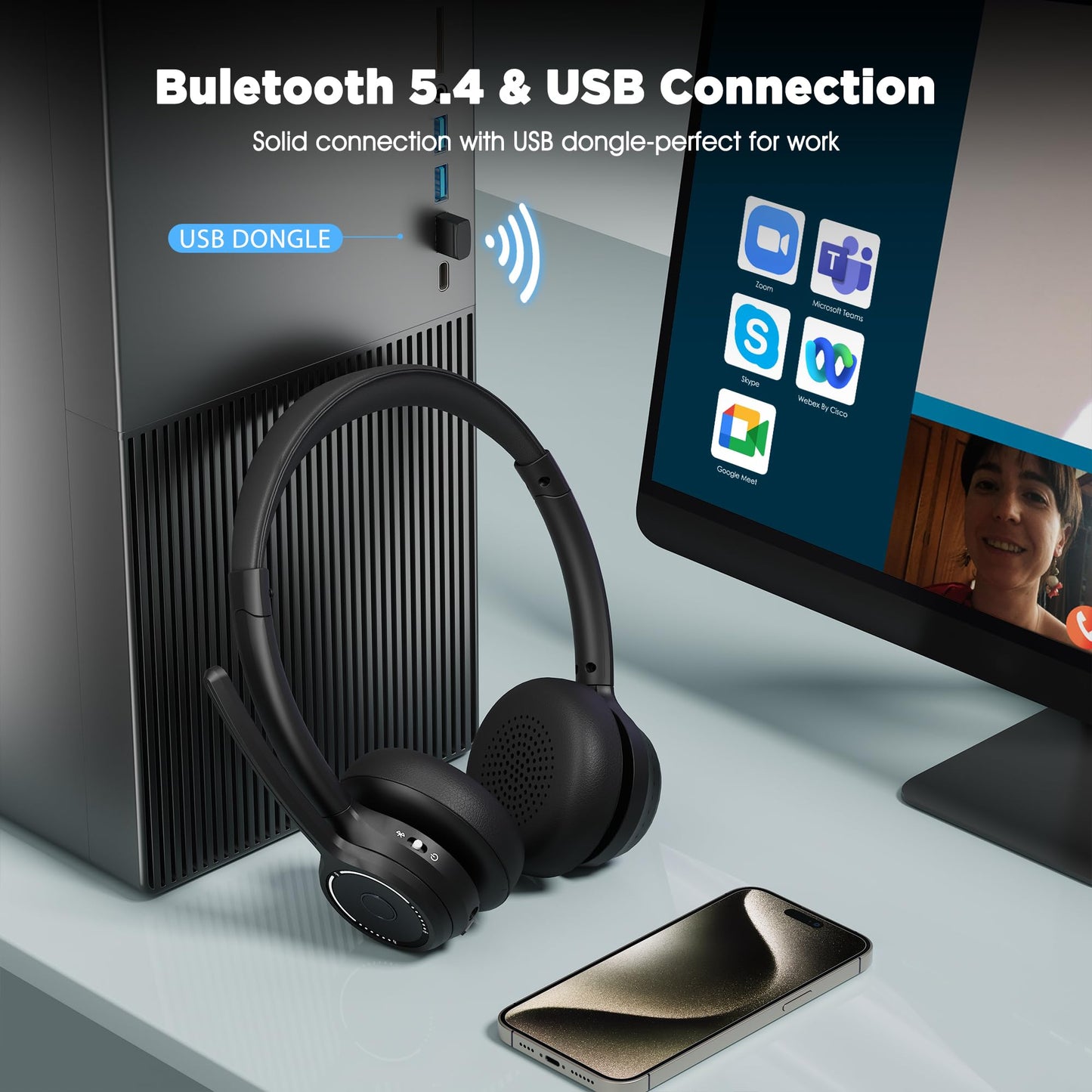 Gixxted (2025 Upgraded Wireless Headset with Mic for Work, Bluetooth Headset with Noise Canceling Microphone, Wireless On Ear Headphones with USB Dongle and Mute Mic for Computer