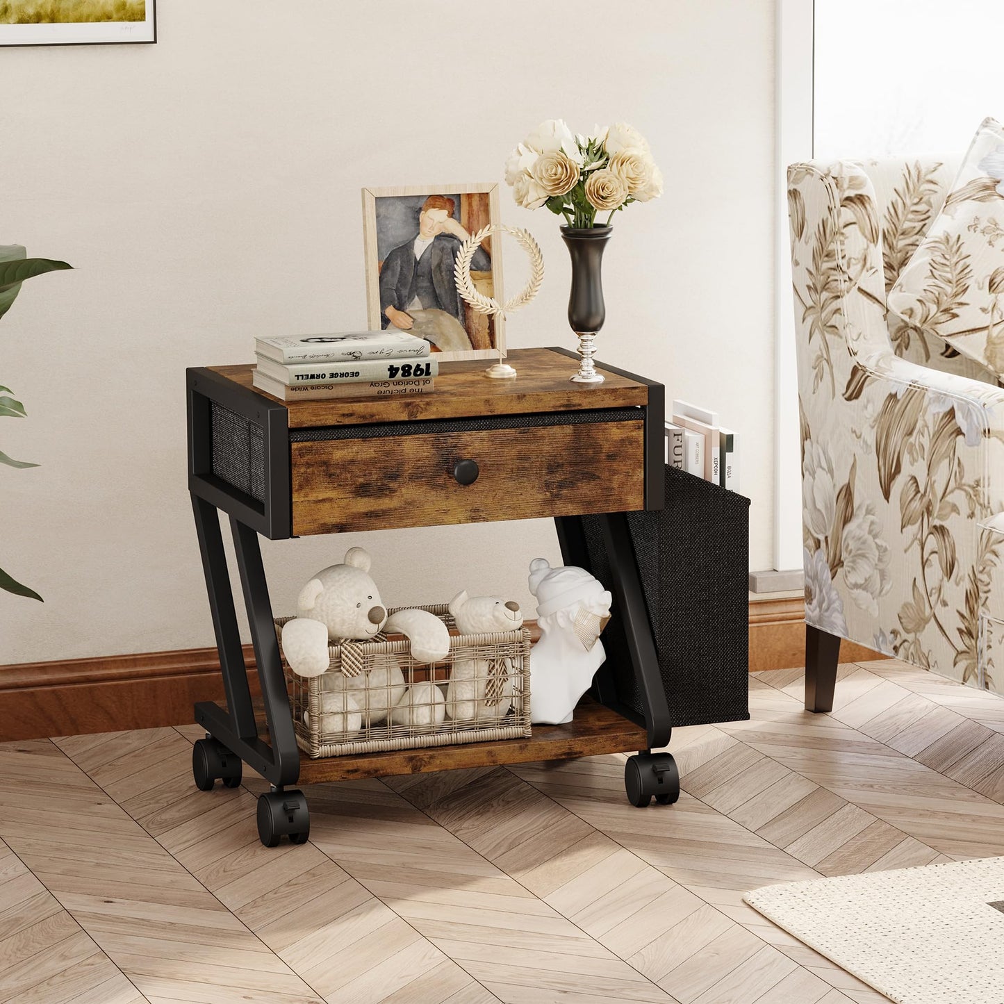 Homeiju Under Desk Printer Stand, 2-Tier Industrial Mobile Printer Table with Storage Bag and Drawer, Rolling Printer Cart Holder with Lockable Wheels for Home, Office