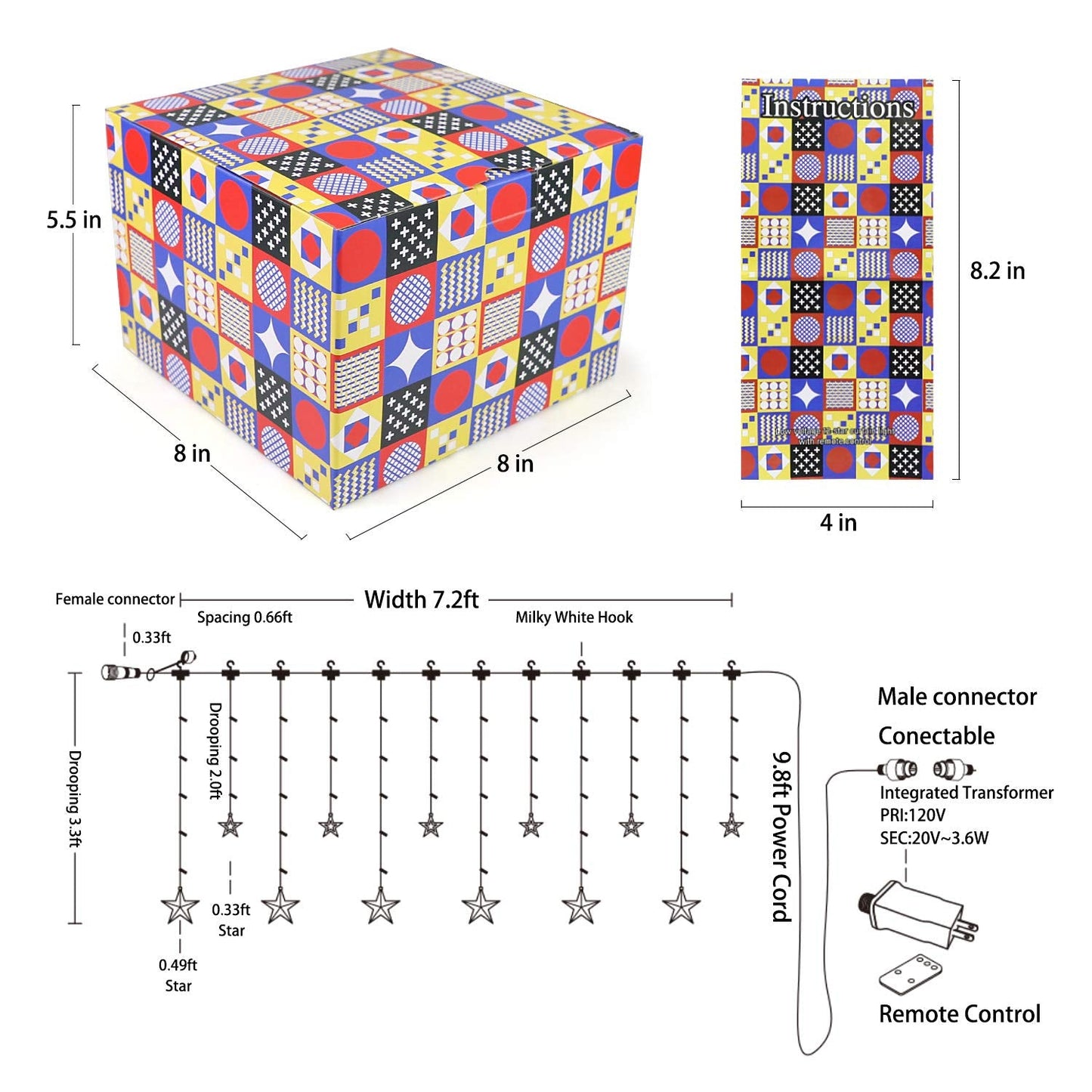 TOFU Star Curtain Lights, 108 Led 12 Stars Remote Window Curtain String Lights Plug in with 8 Flashing Modes Decoration for Christmas, Wedding, Bedroom, Party, Birthday, 7.3ft W, 3.3ft H, Warm White