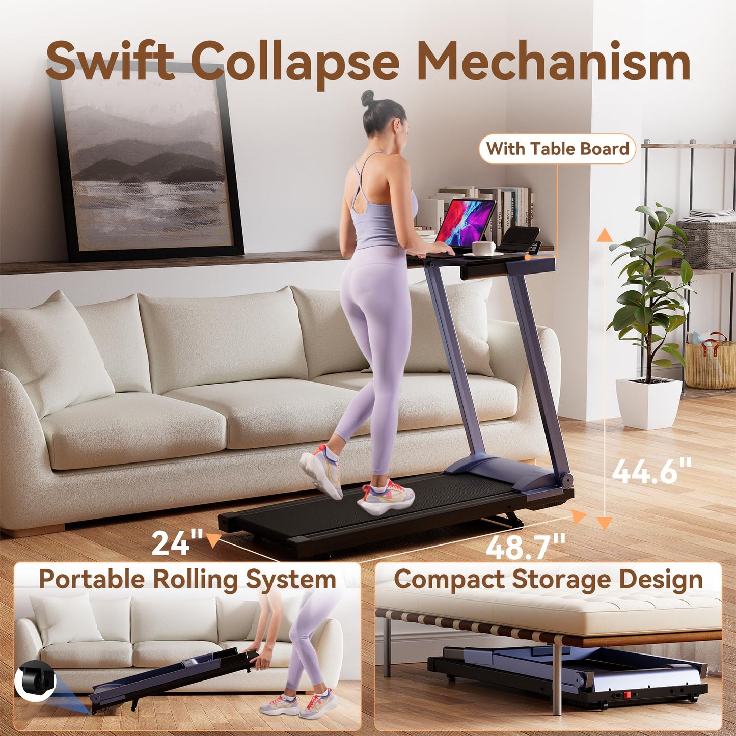 4-in-1 Treadmills for Home with Incline and Handles, Folding Treadmill Running Machine for Small Spaces 300 LB 3.0 HP 7.5 MPH Foldable Treadmill with Smart APP