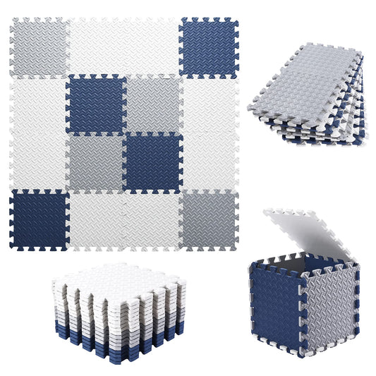 Tamiplay Foam Play Mat for Baby, EVA Non-Toxic Interlocking Floor Mats with Solid Colors, Squares Baby Play Mat, EVA Foam Floor Mat Foam Mats for Kids, Baby, 16 Tiles(White/Light Gray/Dark Blue)