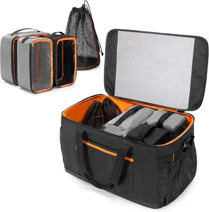 Camping Gear Organizer, 3 Pcs Camping Packing Cubes and 1 Pcs Mesh Pocket with Carrying Bag for Kitchen Supplies, 5-in-one Tactical Travel Storage with Transparent Window for Car Trunk Patented Design