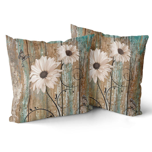 Giwawa Rustic Daisy Board Pillow Covers 18x18 Inch White Sunflowers on Vintage Style Wood Plank Throw Pillowcases Set of 2 with Hidden Zipper for Couch Cushion Sofa Bedroom Home Decoration