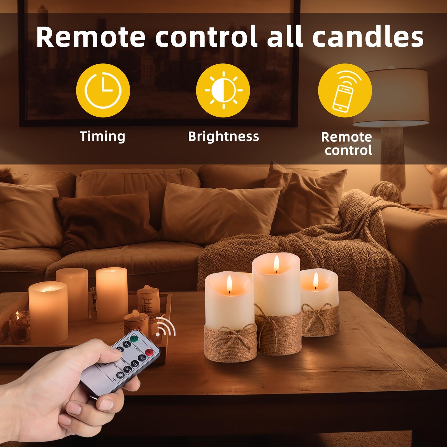 AKU TONPA Flameless Candles Battery Operated Pillar Real Wax Electric LED Candle Gift Set with Remote Control and Timer, 4" 5" 6" Pack of 3 (Ivory Wax with Hemp Rope)
