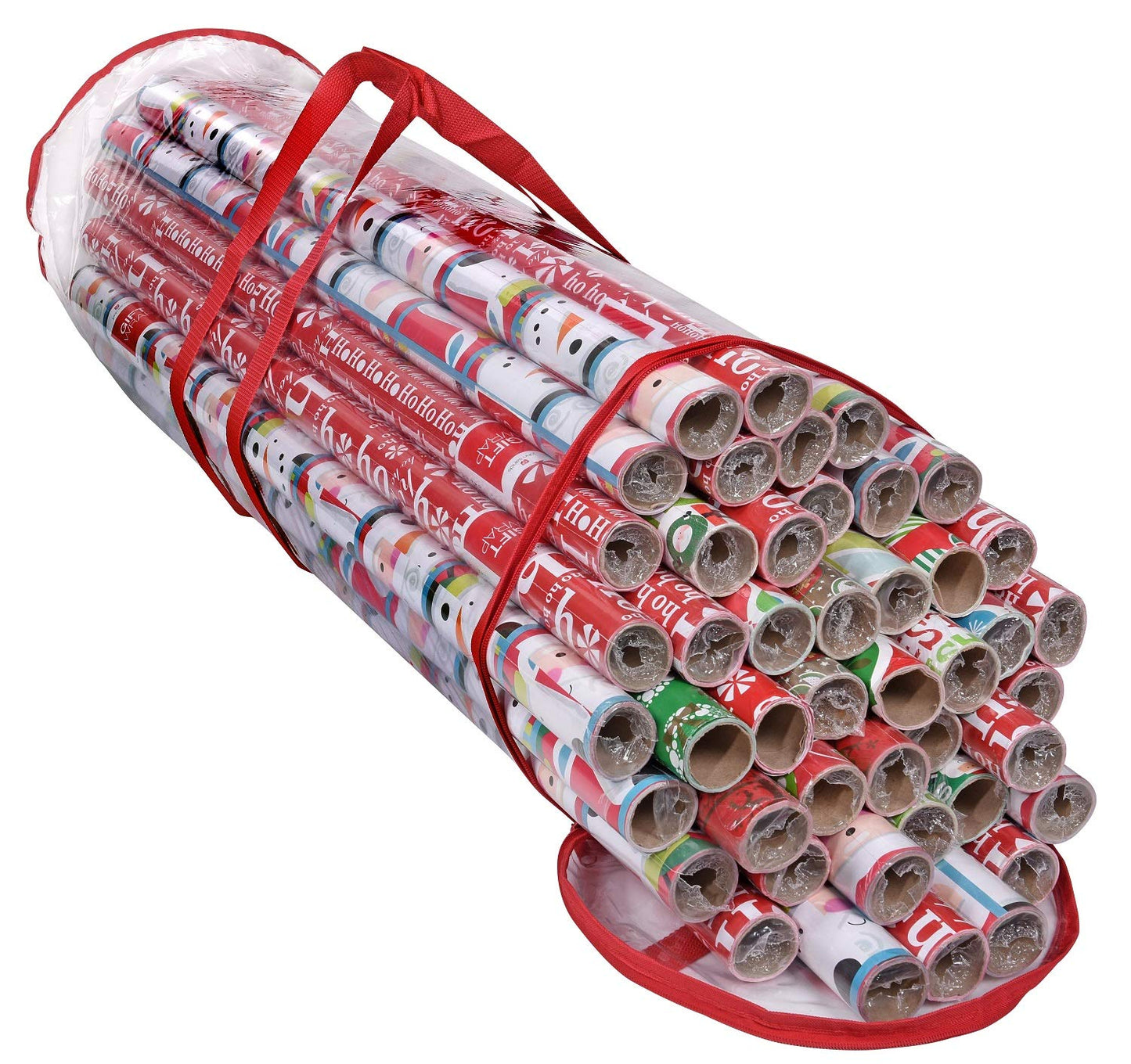Primode Wrapping Paper Storage Bag, Gift Wrap Organizer, Fits 40 Inch Long Rolls, Hold Up to 24 Rolls, Heavy Duty Clear PVC Bag with Top and Side Handles (Red)