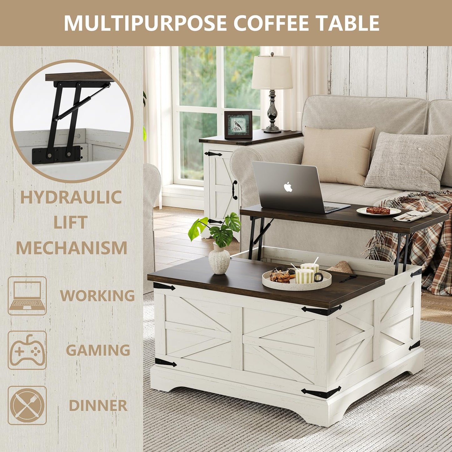 Furnideco Farmhouse Lift Top Coffee Table, Square Wood Center Table with Large Hidden Storage Compartment for Living Room, Rustic Cocktail White Modern Table with Hinged Lift Top, Brown Top