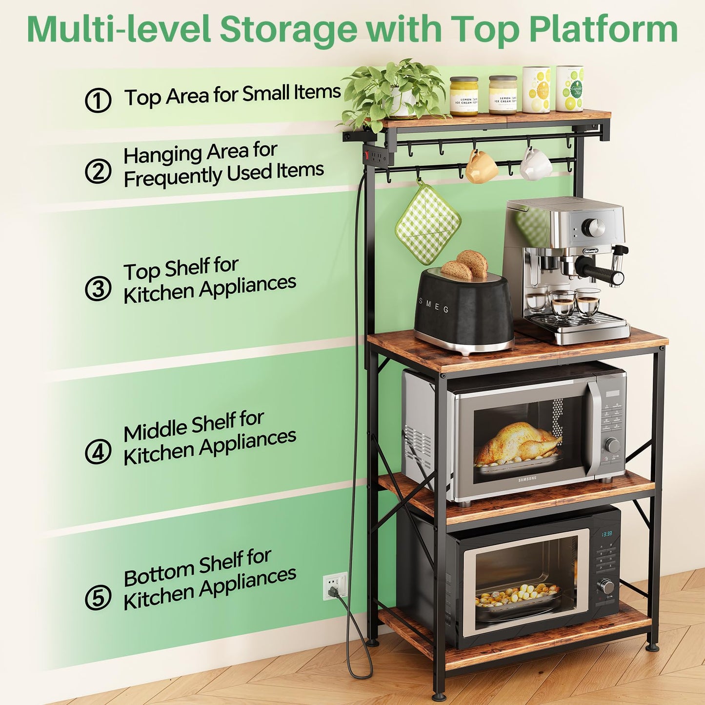 Kitchen Bakers Rack with Power Outlet 10 Hooks, 4 Tiers Coffee Bar Station Cabinet, Microwave Stand with Storage (Rustic Brown, 21.7 x 14.2 x 49.6 Inch)