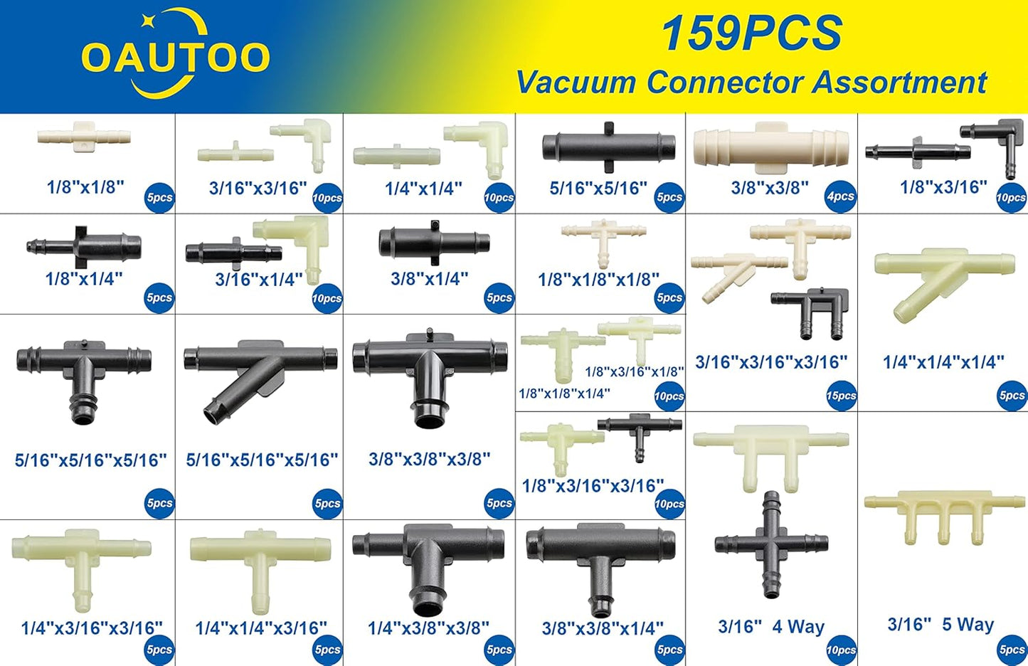 OAUTOO 32 Size Automotive Vacuum Tubing Connector Vacuum Tee Connector Assortment Kit 1/8" 3/16" 1/4" 5/16" 3/8"