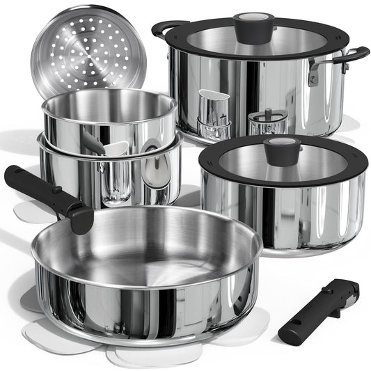 CAROTE 14pcs Pots and Pans Set, Stainless Steel Cookware Set Detachable Handle, Induction Kitchen Cookware Sets with Removable Handle, RV Cookware Set, Oven Safe, Camping Cookware, Black