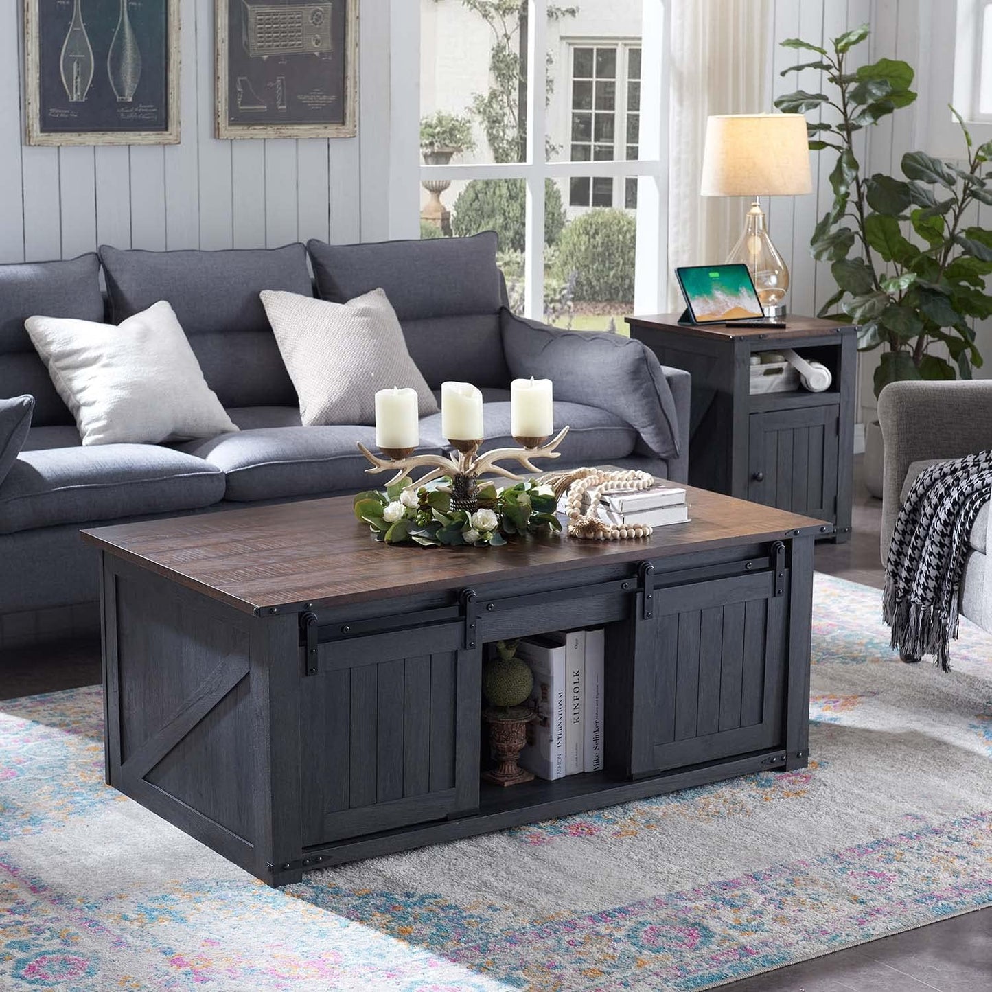IFGET 48" Lift Top Coffee Table, Farmhouse Cocktai with Sliding Groove Barn Door, Rustic Wood Center Table w/Double Storage Spaces for Living Room, Dark Grey