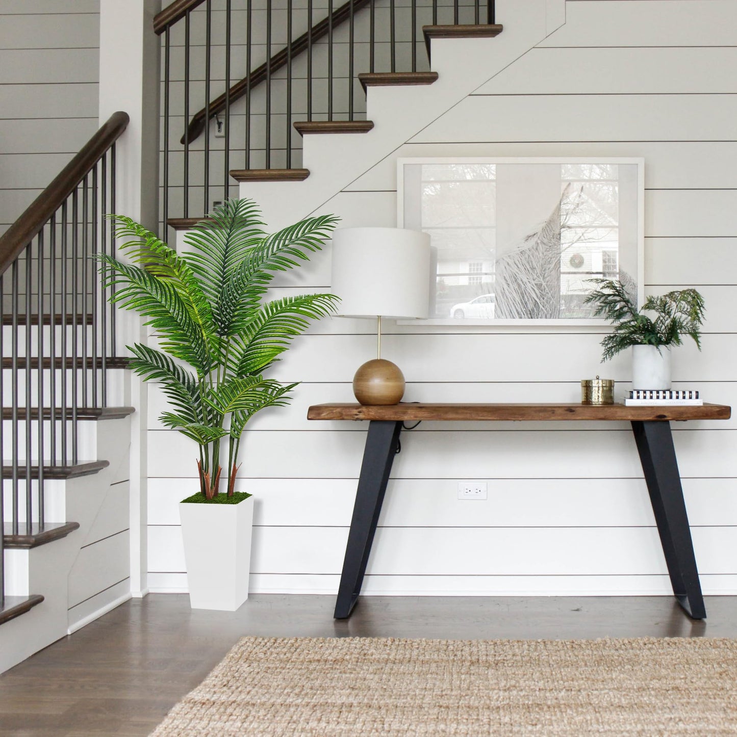 ASTIDY Artificial Palm Tree 5FT - Fake Tree with White Tall Planter - Faux Tropical Areca Floor Plant in Pot - Artificial Silk Plant for Home Office Living Room Decor Indoor