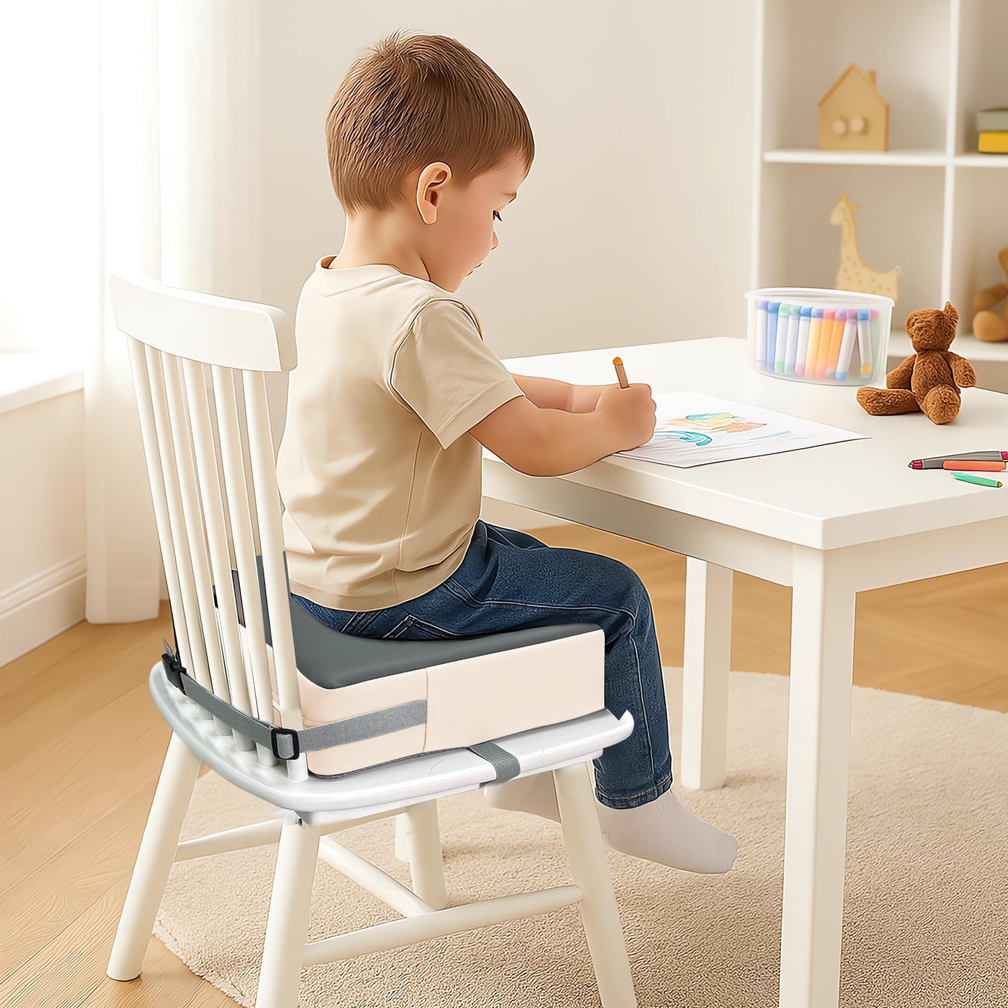 Eiury Toddler Dining Table Booster seat, PU Washable Waterproof Double seat Belt Non-Slip Bottom Booster seat for Dining Toddler, Portable Travel Increase Cushion