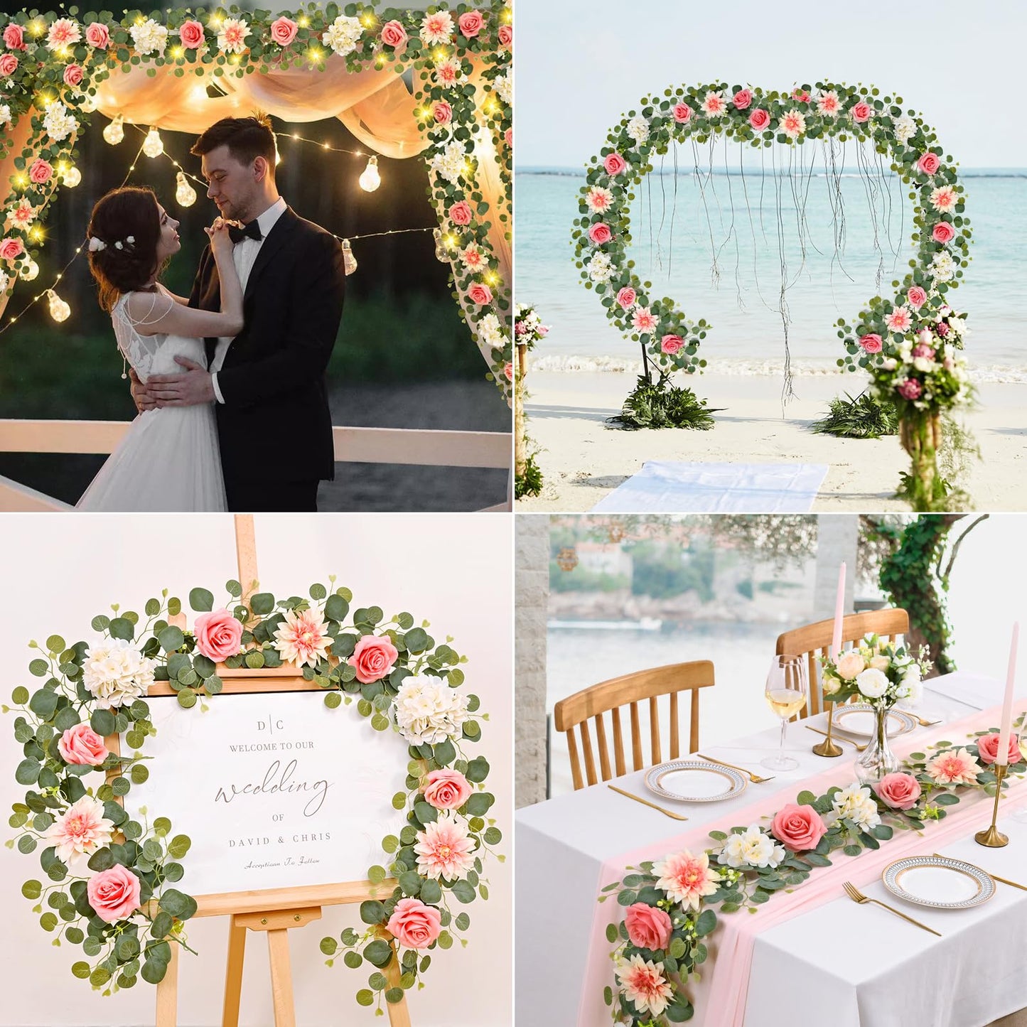 Yastouay 6 Ft Flower Garland with Lights, Pink Rose Floral Garland Fake Flowers for Wedding Arch Party Tables Backdrop Decor