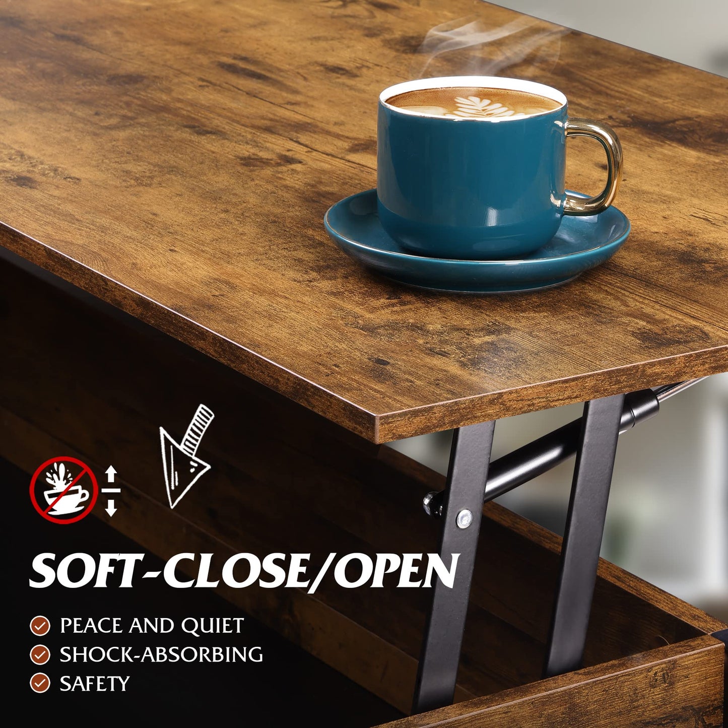 WLIVE Coffee Table, 41.3" Lift Top Coffee Table with 4 Wheels, Hidden Compartment, Storage Shelf and Lift Tabletop for Living Room, Reception Room, Rustic Brown