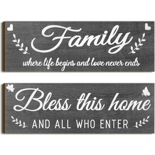 Wooden Family Signs Rustic Bless This Home Wall Decor Wood Family Decor Wall Art Farmhouse Entryway Sign Home Decoration for Bedroom Living Room Office Home Decor, 13.8 x 4.7 Inch (Dark Gray)