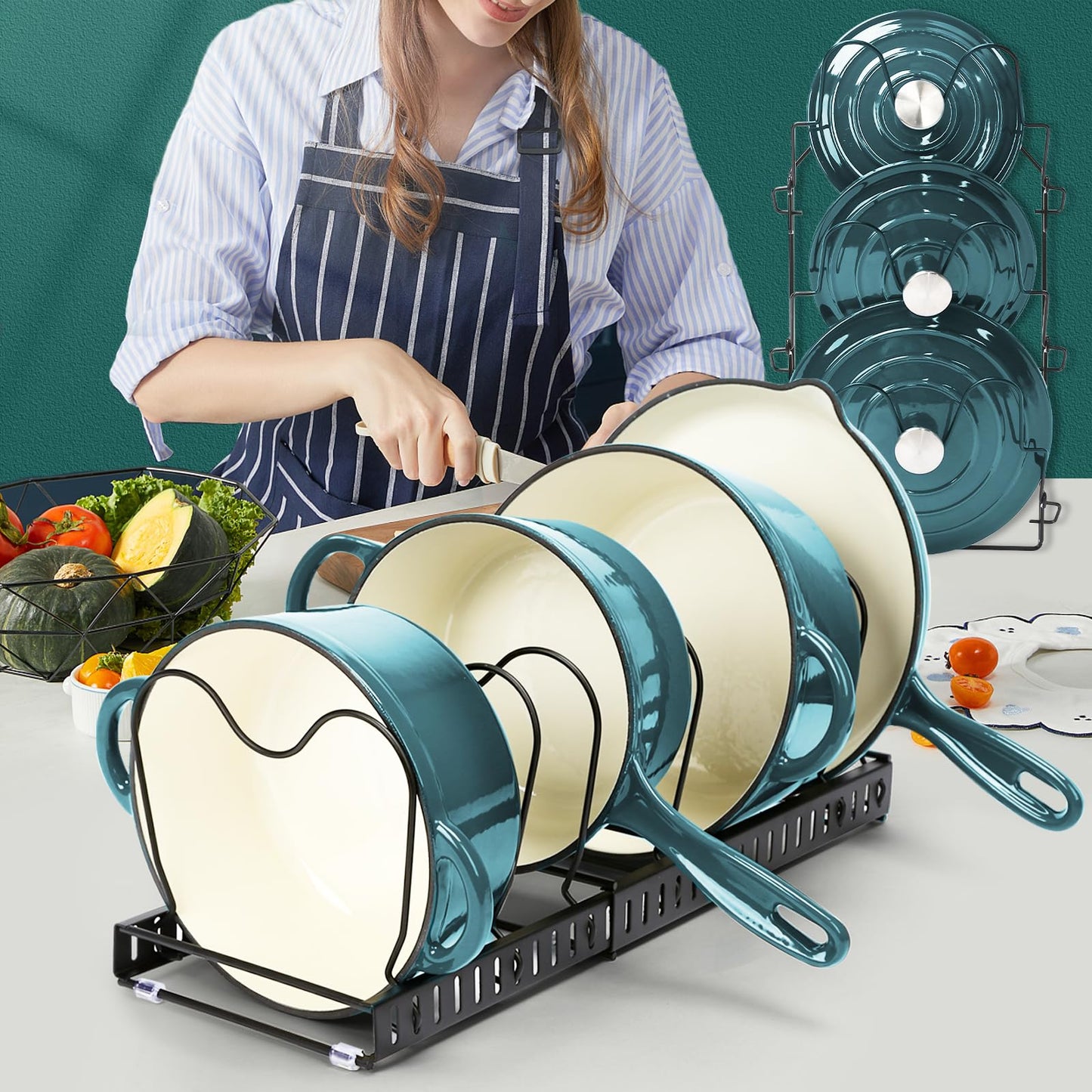 Nonstick Enameled Cast Iron Cookware Set- 9 Pieces Dutch Oven Pot with Lid for Braising, Stews, Roasting, Bread Baking, Cooking Pot Oven Safe & Compatible with All Stovetop, Teal Ombre