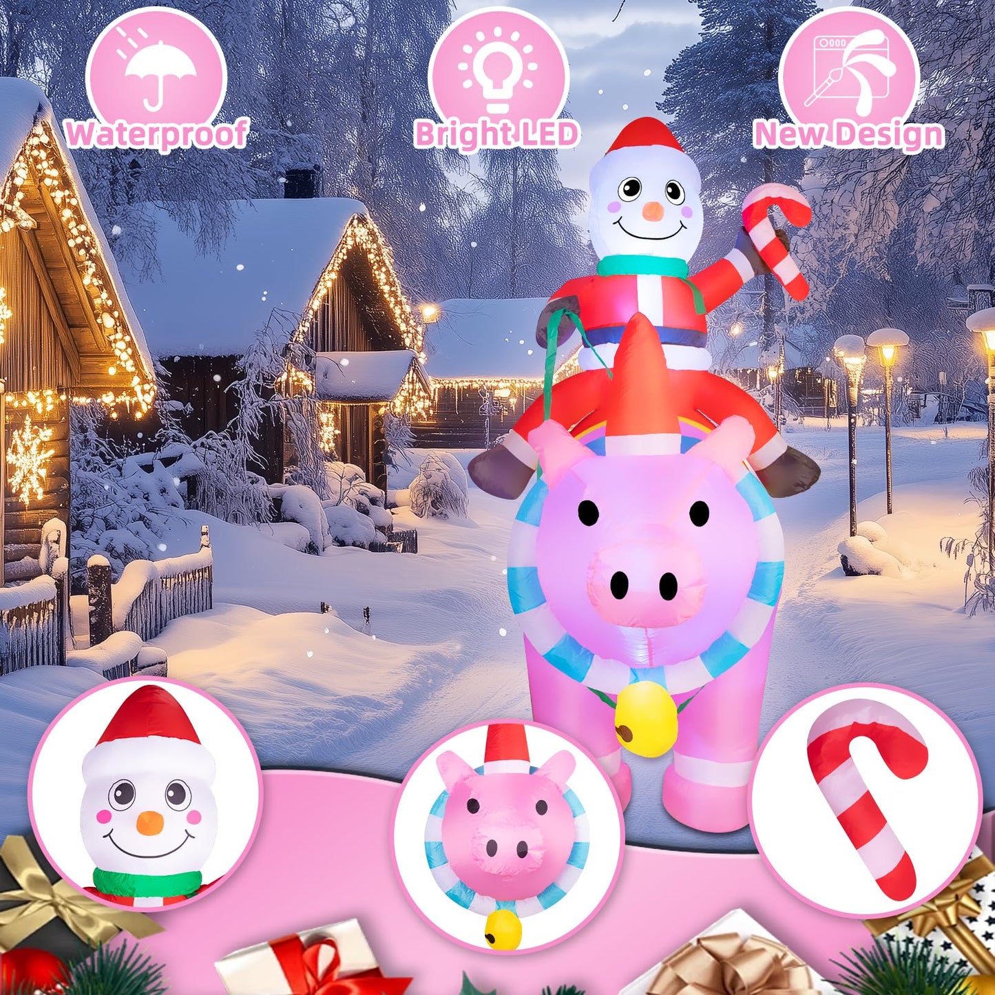 7FT Christmas Inflatables Cute Inflatable Christmas Inflatable Santa with Pink Pig Christmas Decorations Outdoor Christmas Blow Up for Yard, Outside, Built-in LED Lights with Tether