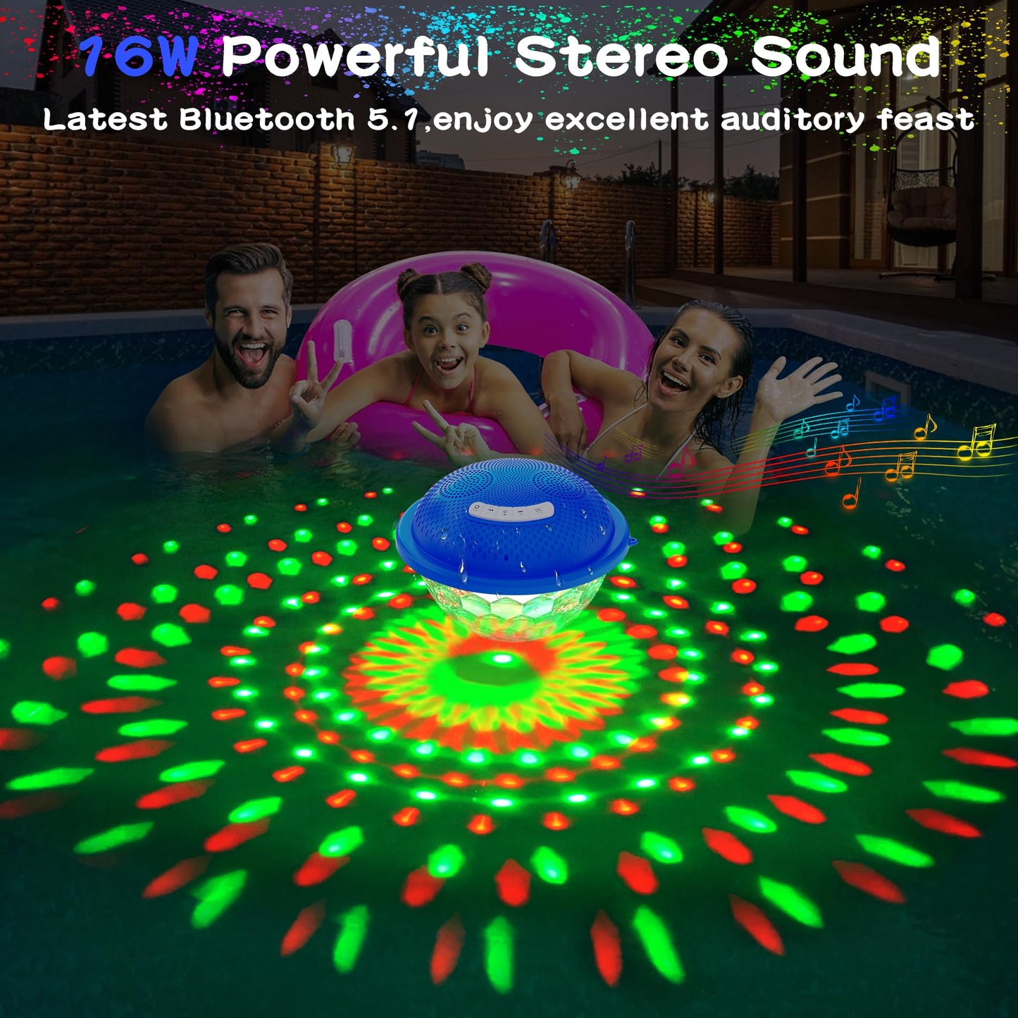 KingSom Bluetooth Pool Speaker,Floating Pools Speaker with Colorful Lights,Hot Tub Speakers IP68 Waterproof Poo l Speakers,16W Loud Stereo Sound Bluetooth Speake r,TWS Pairing Floating Speake r-Blue