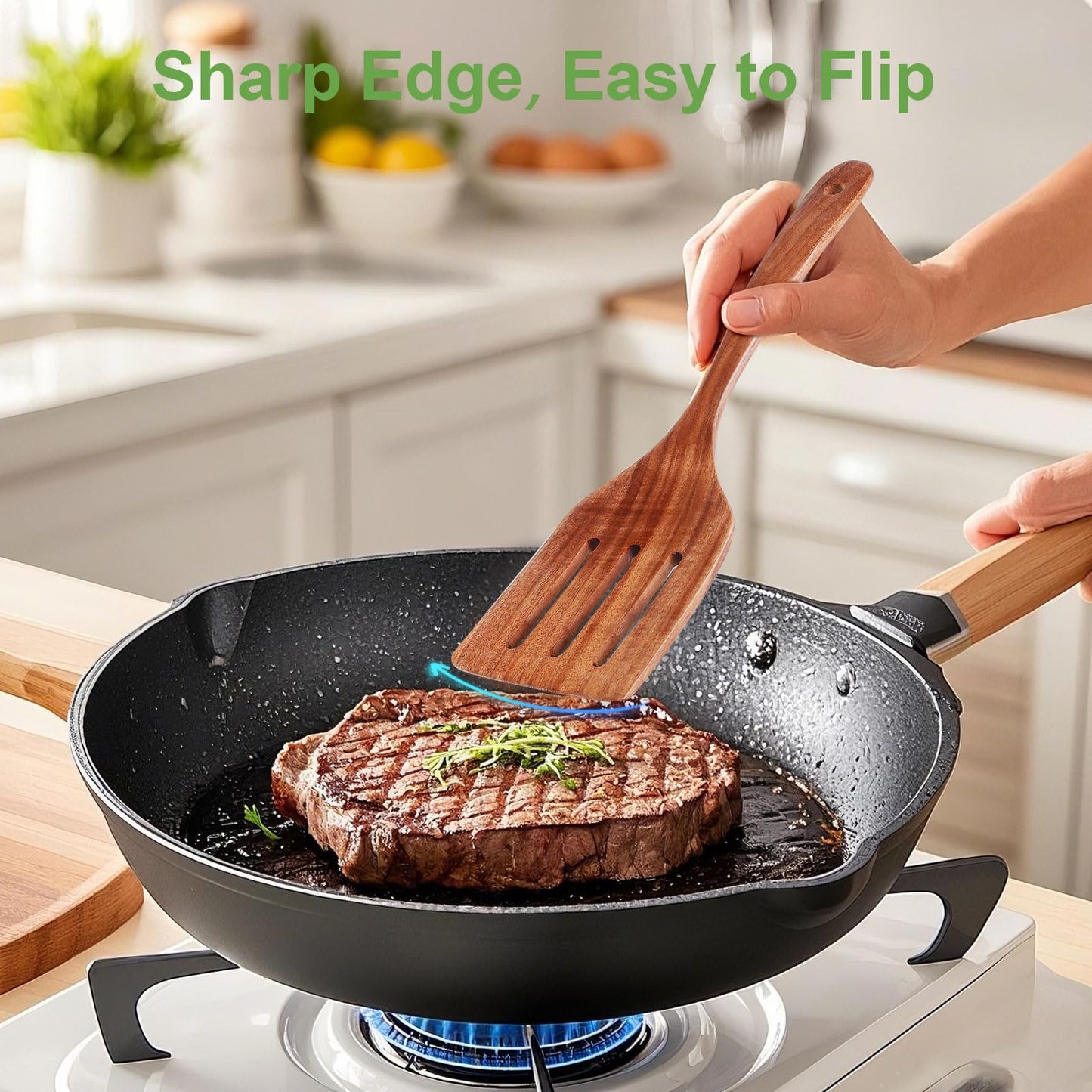 2 Pack Wooden Spatula, Acacia Wood Long Handle Flat Frying Turner, Handmade wooden spoons for cooking, Kitchen Utensil set, Non-Stick Cooking Spurtle Utensils for kitchen use