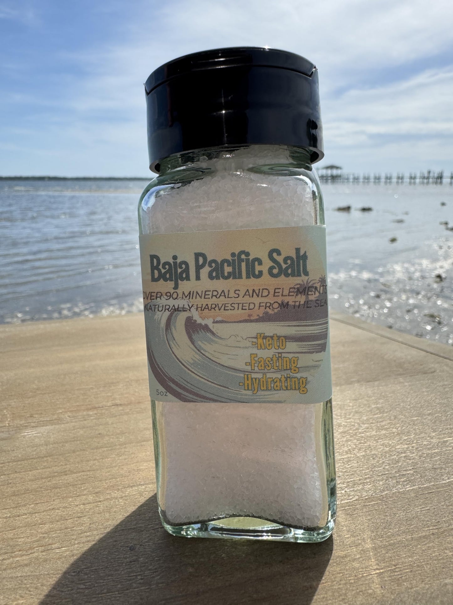 Baja Pacific | Organic Sea Salt 5oz Coarse Glass Shaker | BAHA Salt Hydration Low Sodium Recovery - Over 90 Minerals and Electrolytes - Trace Minerals Cooking Finishing Salt