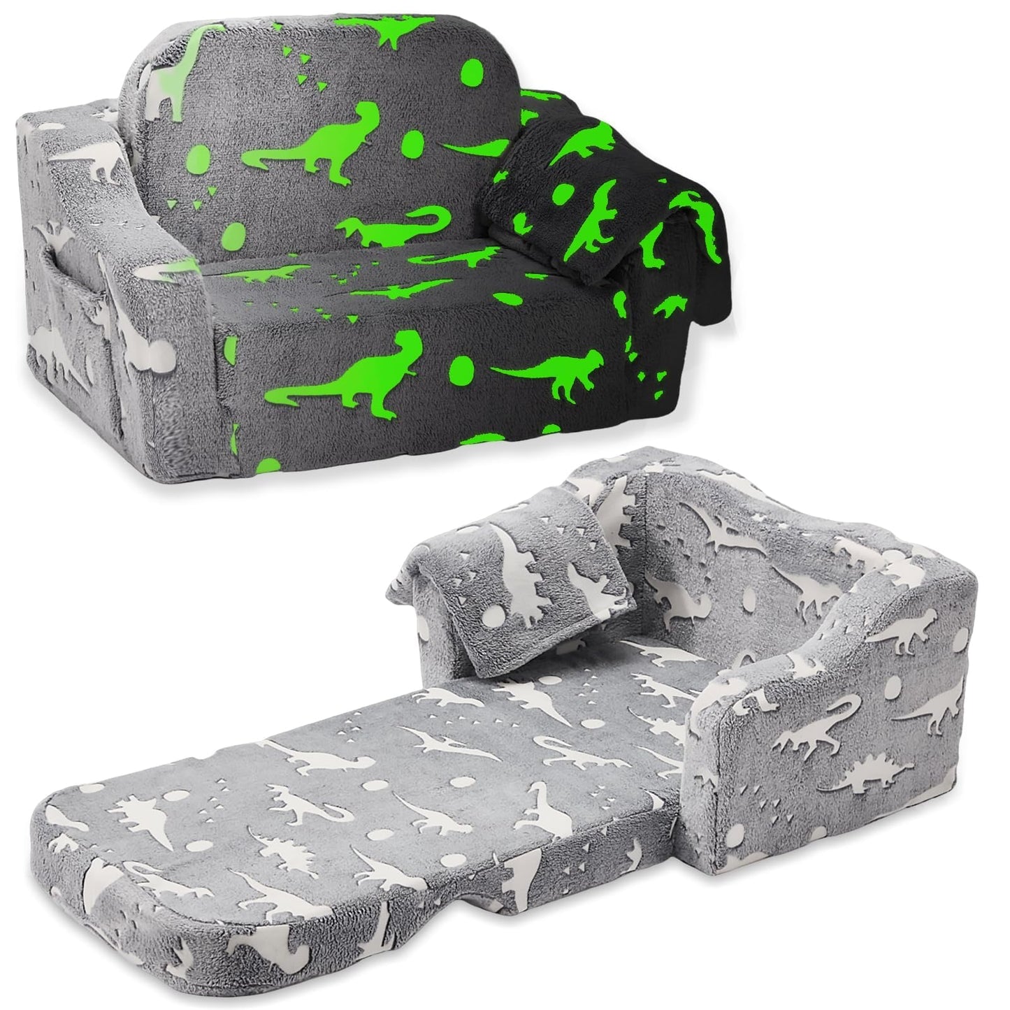 BUPPLEE Kids Sofa, 2-in-1 Soft Toddler Couch Fold Out, Toddler Chair Comfy with Cute Designs, Convertible Sofa to Lounger for Girls and Boys, Gray