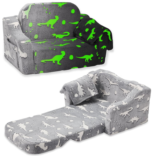 BUPPLEE Kids Sofa, 2-in-1 Soft Toddler Couch Fold Out, Toddler Chair Comfy with Cute Designs, Convertible Sofa to Lounger for Girls and Boys, Gray