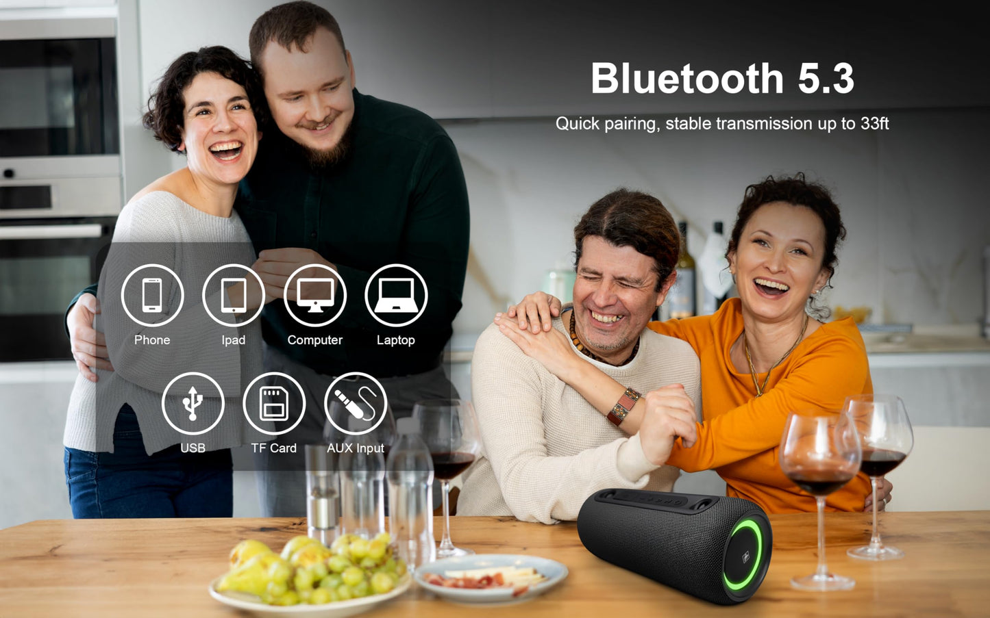 Fisher Portable Bluetooth Speaker IPX5 Waterproof Speaker, 26W PEAK Power Bluetooth Stereo, 7H Playtime, LED Lights, TWS, BT 5.3, Built-in Mic, Hands Free Calling, Wireless Electronics, Home & Outdoor