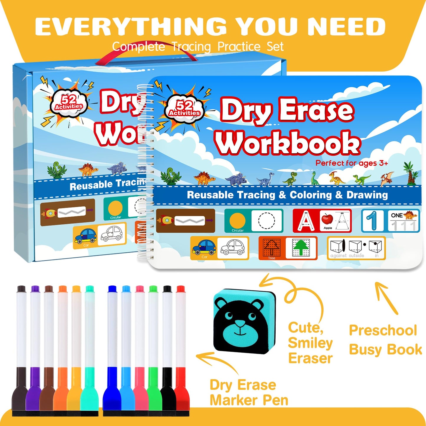 iHarPro Preschool Learning Activities - 52 Pages Handwriting Practice Tracing Books for Kids, Montessori Toys Kindergarten Educational Workbooks Age 3-6, with 12 Dry Erase Markers