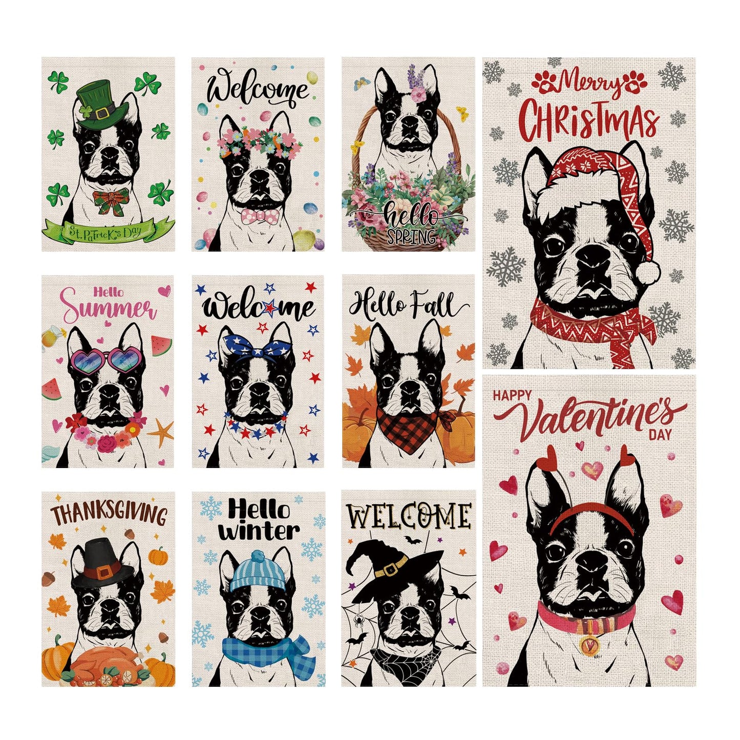 Seasonal Garden Flags Boston Terrier Dog Double Sided Flags Set of 11 Holiday Farmhouse Indoor Outdoor Yard Lawn Christmas Gifts Decorations 12.5x18 Inch