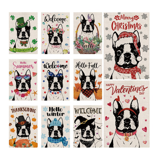 Seasonal Garden Flags Boston Terrier Dog Double Sided Flags Set of 11 Holiday Farmhouse Indoor Outdoor Yard Lawn Christmas Gifts Decorations 12.5x18 Inch