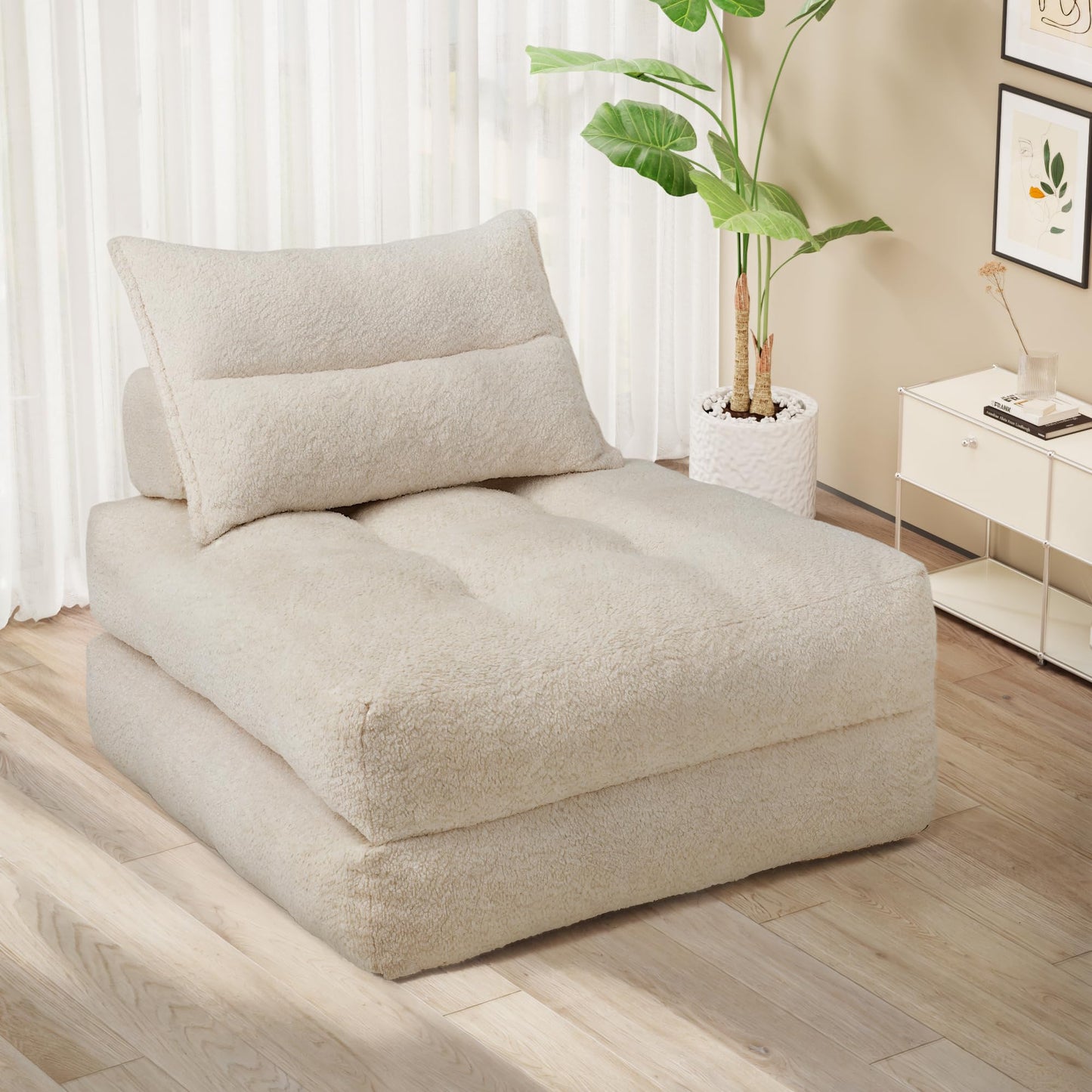 MONVANE Folding Sofa Bed - Ergonomic Foldable Sleeper Chair for Living Room/Dorm/Office, Teddy Velvet Futon Couch, Lounge Sofa, Convertible Floor Mattress, Lazy Sofas with Headrest Lumbar Pillow,Beige