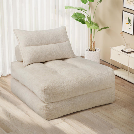 MONVANE Folding Sofa Bed - Ergonomic Foldable Sleeper Chair for Living Room/Dorm/Office, Teddy Velvet Futon Couch, Lounge Sofa, Convertible Floor Mattress, Lazy Sofas with Headrest Lumbar Pillow,Beige