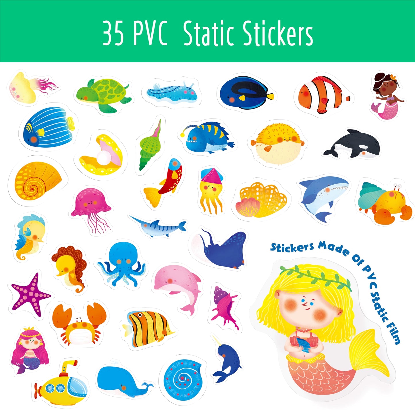 Reusable Sticker Book, 35 Marine Theme Static Stickers Waterproof Animals & Mermaid Decals Matching Game Activity Books Educational Learning Toys for Toddlers Girls Boys Preschooler