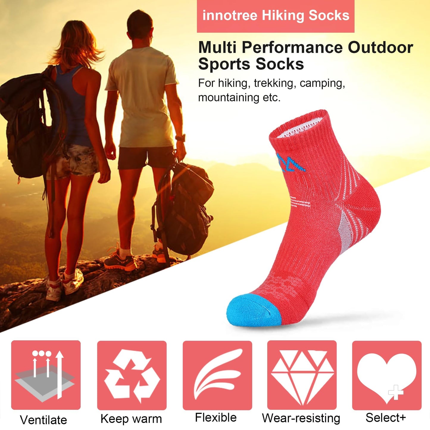 innotree Merino Wool Hiking Socks for Women Quarter Ankle Crew Thermal Cushion Moisture Wicking Socks,5 Pairs,Small