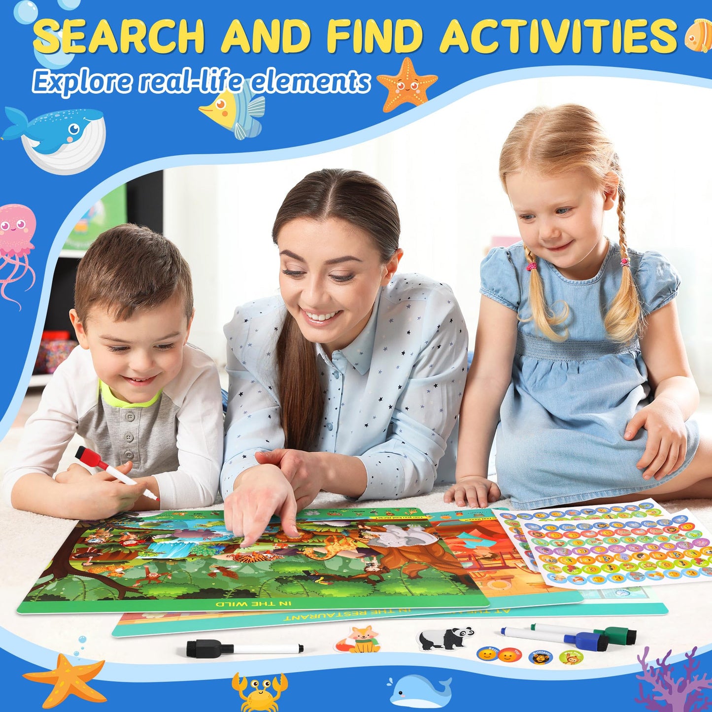 Search and Find Books for Kids Ages 3,4,5,6, Preschool Learning Activities, Educational Reusable Mats for Toddlers, Travel Game Toys for Road Trip Train, Art & Crafts, Birthday Gifts for Girl and Boy