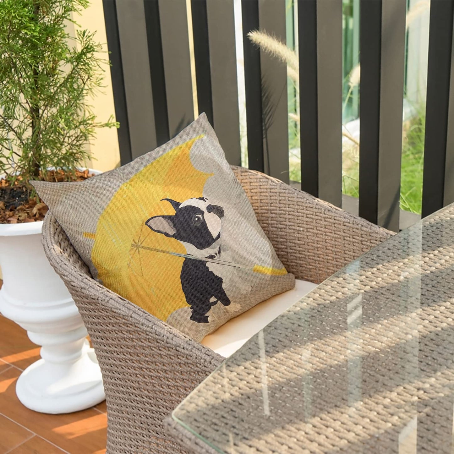 Fjfz Boston Terrier with Yellow Umbrella Dog Lover Decor Gift Cute Funny Decoration Cotton Linen Home Decorative Throw Pillow Case Cushion Cover for Sofa Couch, 18" x 18"