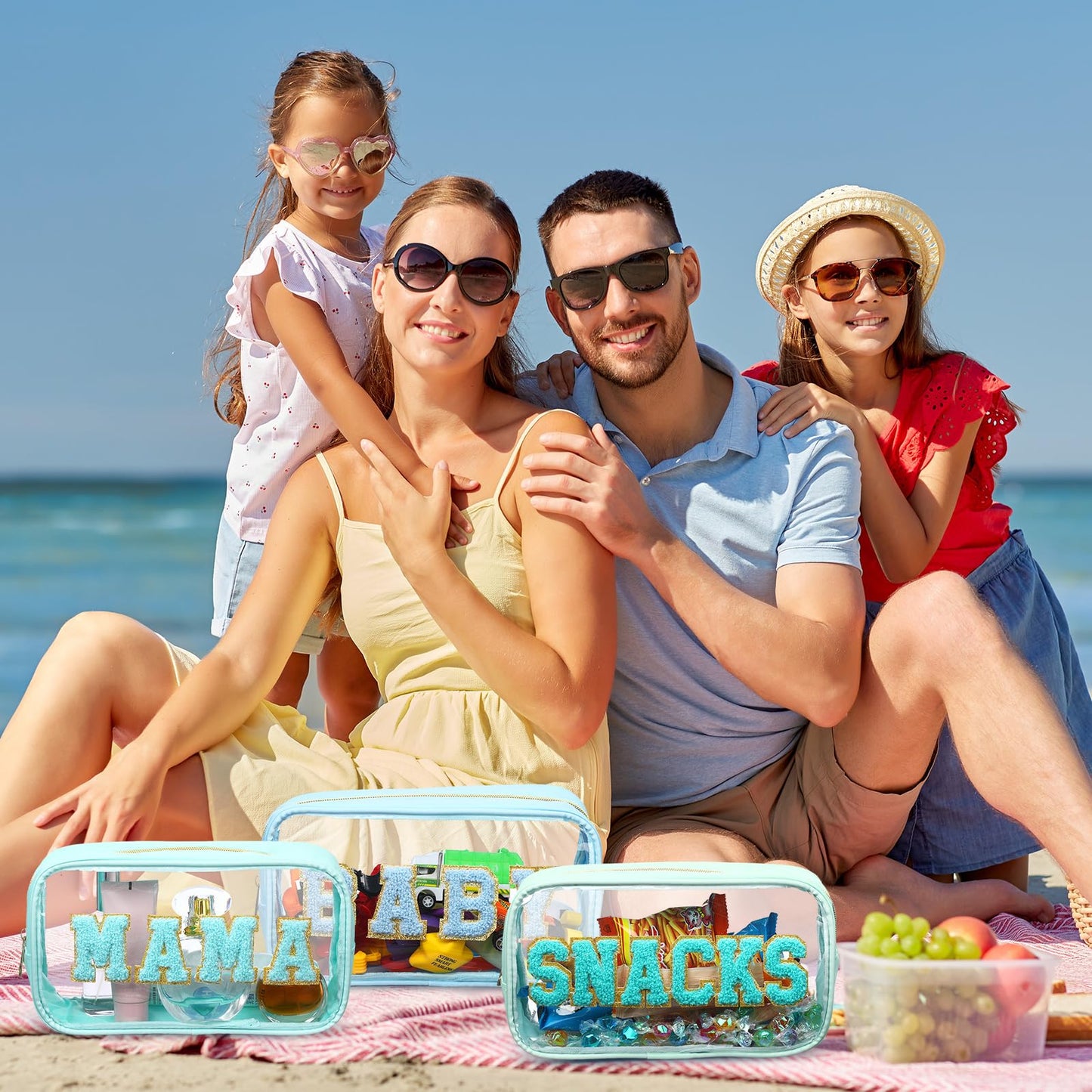 SilTriangle 4 Pcs Mama and Baby Toiletry Bag Clear Chenille Letter Pouch Snacks Makeup Stuff Travel Diaper Bag Preppy Transparent Pouch with Zipper for Women Gift(Fresh Color)