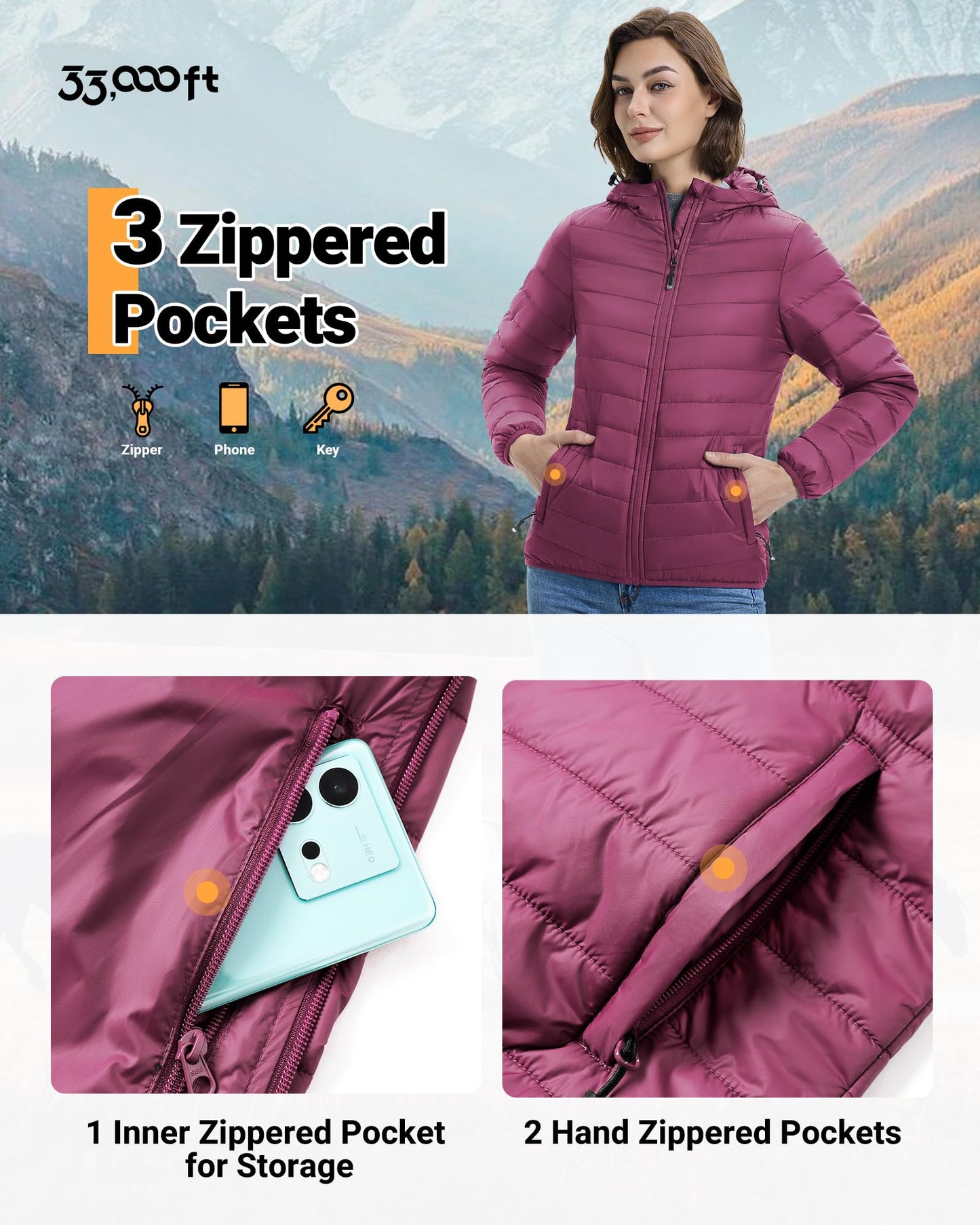 33,000ft Women's Hooded Packable Puffer Jacket Lightweight Warm Puffy Quilted Winter Coat